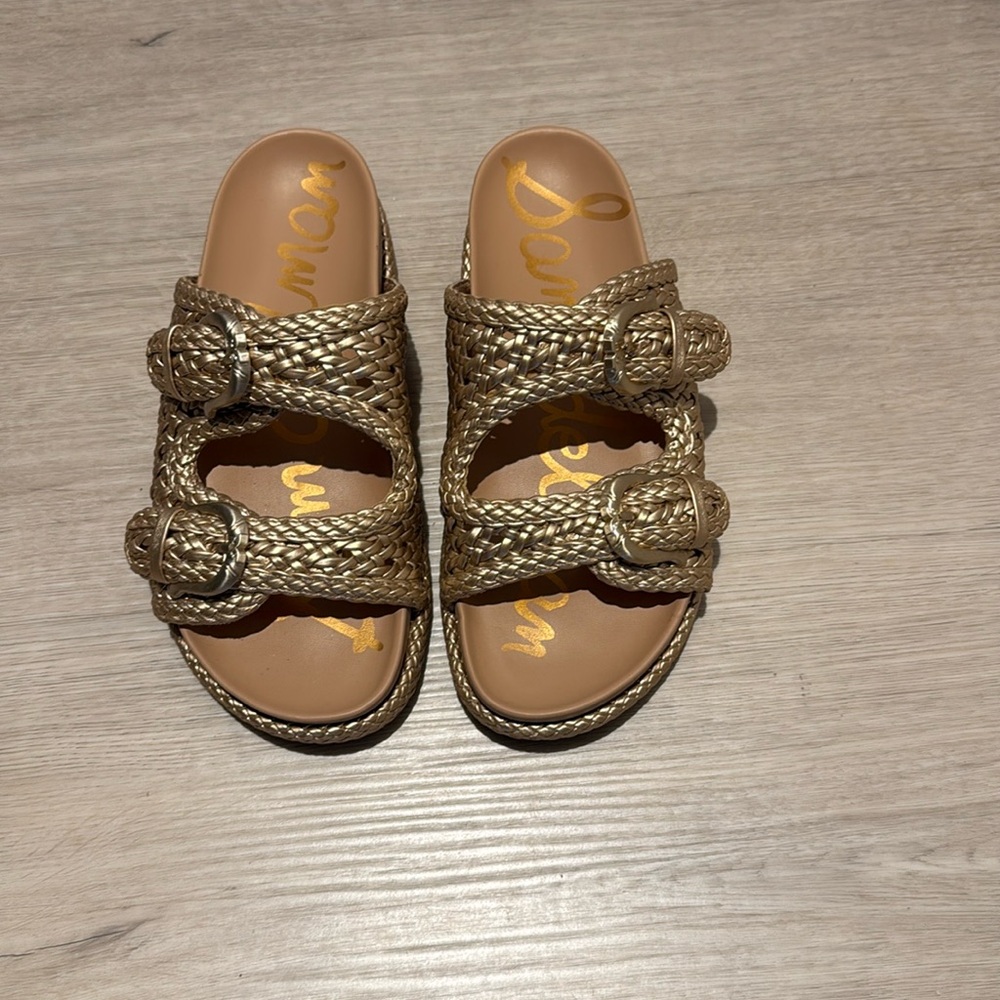 Sam Edelman Reid Woven Double Buckle Sandals - Gold Quartz